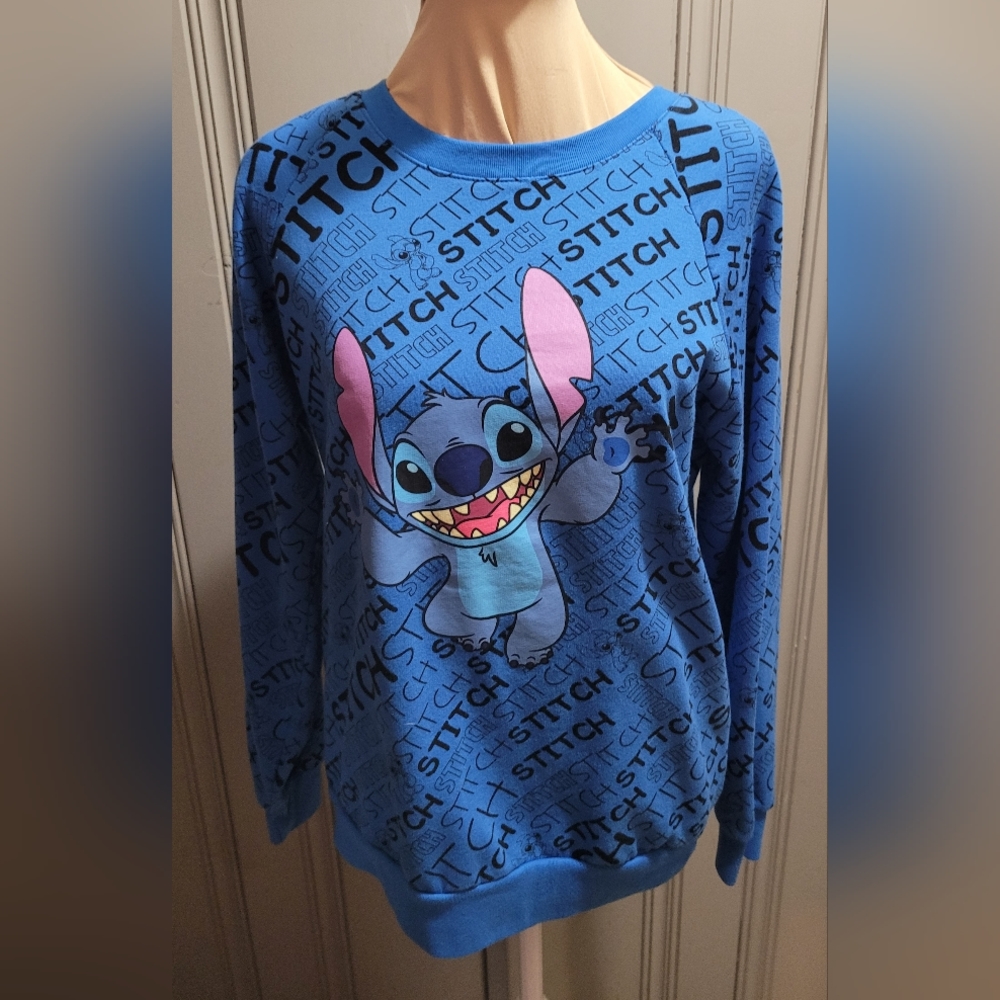 Disney Stitch Blue Crew Neck Sweatshirt Stitch Print Allover Size Small Juniors